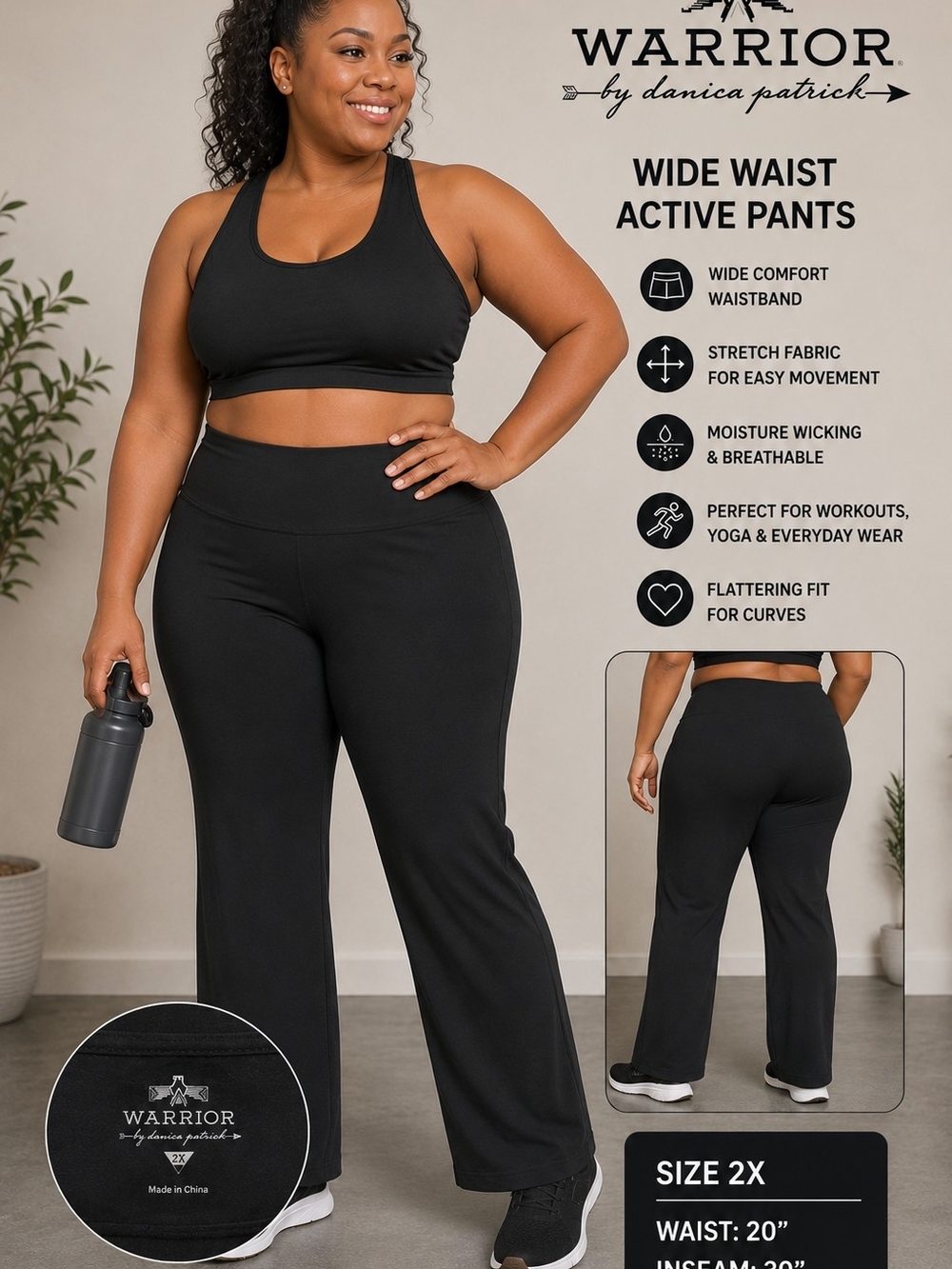 Warrior by Danica Patrick Plus Size 2X Black Wide Waist Yoga Pants Activewear